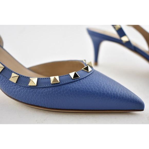 Valentino Rockstud 50 Blue Gold Stud Slingback Strap Sandal Kitten Heel Pump 38 - Picture 5 of 11